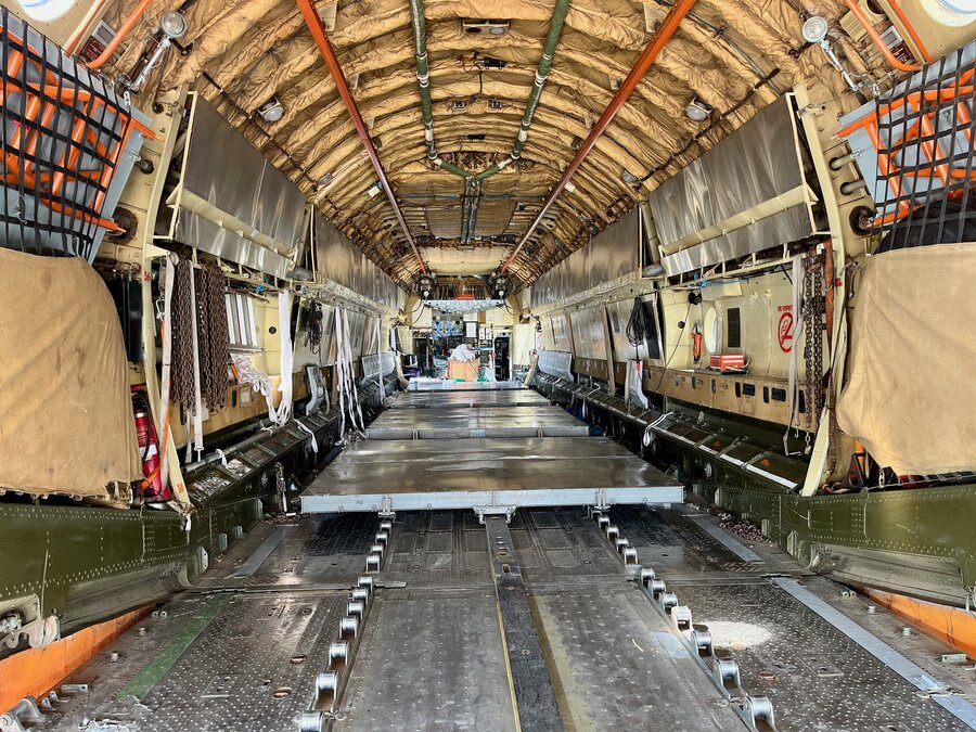 The inside of a massive cargo plane. Photo: WFP/Hedley Tah