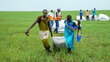 People drag a bag of airdropped food in a green field